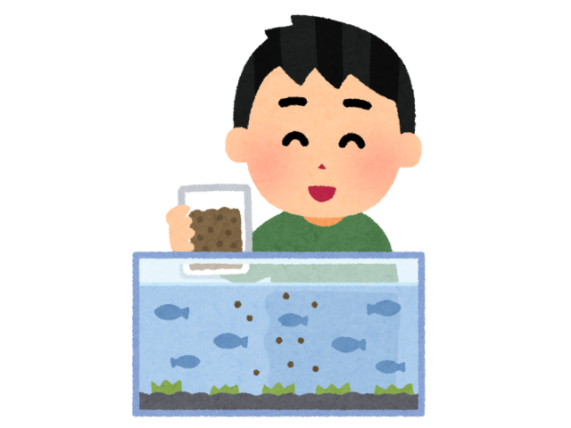 水槽の魚に餌やりをする男の子のイラスト